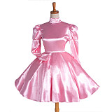 Lockable Sissy Maid Crossdressing Pink Satin High Neck Puff Sleeve Dress [G1122]