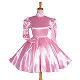 Lockable Sissy Maid Crossdressing Pink Satin High Neck Puff Sleeve Dress [G1122]