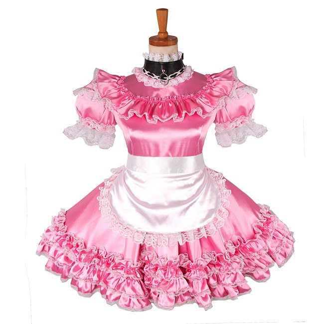 Lockable Sissy Maid Crossdressing Pink Satin Short Sleeve Ruffle Lace Apron Dress [G1215]