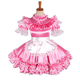 Lockable Sissy Maid Crossdressing Pink Satin Short Sleeve Ruffle Lace Apron Dress [G1215]