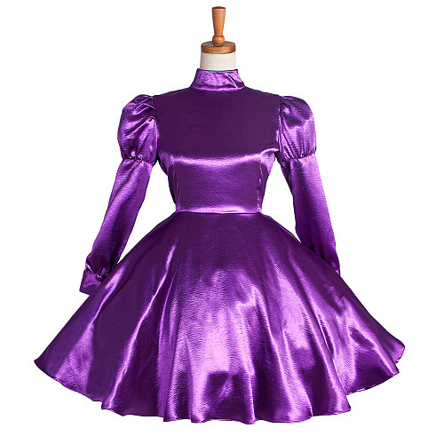 Lockable Sissy Maid Crossdressing Purple Satin High Neck Puff Sleeve Dress [G1123]