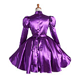 Lockable Sissy Maid Crossdressing Purple Satin High Neck Puff Sleeve Dress [G1123]