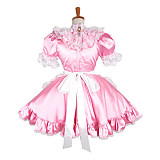 Lockable Sissy Maid Crossdressing Pink Satin High Ruffle Neck Lace Apron Dress [G1216]