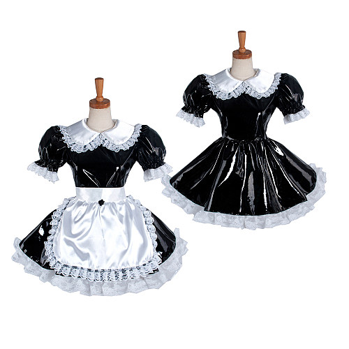 Lockable Sissy Maid Crossdressing Black Heavy PVC Lace Apron Dress [G1217]