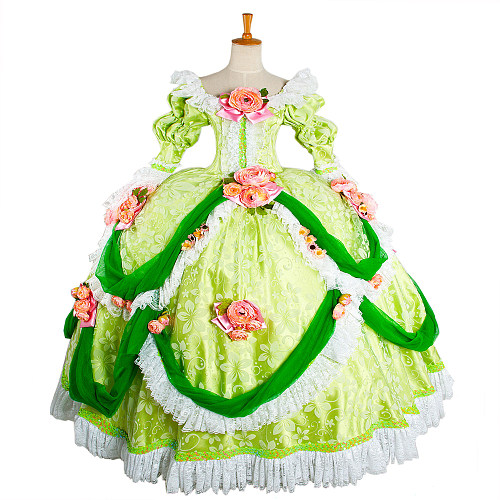 Lady Oscar Green Floral Brocade Victorian Gown Cosplay Costume [G1087]