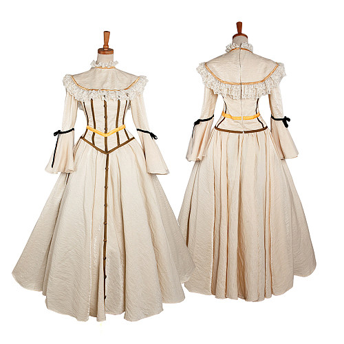 Ivory Satin Medieval Gown with Detachable Lace Collar – Victorian Historical Dress [G1168]