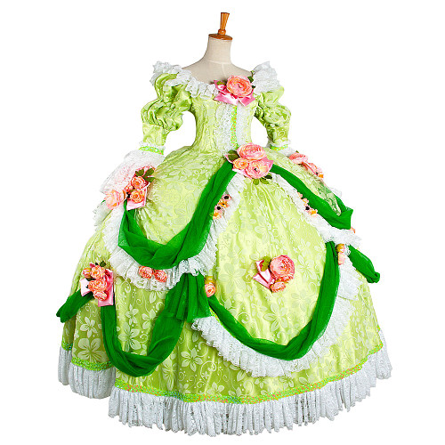 Lady Oscar Green Floral Brocade Victorian Gown Cosplay Costume [G1087]