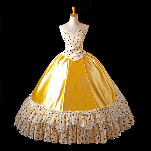 Elegant Yellow Polka Dot Satin Medieval Gown – Handmade Cosplay & Crossdressing Dress [G1088]