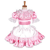 Lockable Sissy Maid Crossdressing Pink Satin High Ruffle Neck Lace Apron Dress [G1216]