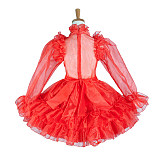Lockable Sissy Maid Crossdressing Red Organza Ruffle Puff Sleeve Bow Dress [G1213]