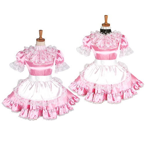 Lockable Sissy Maid Crossdressing Pink Satin High Ruffle Neck Lace Apron Dress [G1216]