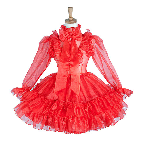 Lockable Sissy Maid Crossdressing Red Organza Ruffle Puff Sleeve Bow Dress [G1213]