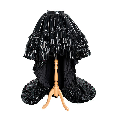 Sissy Maid Crossdressing Black Thin PVC Layered Ruffle Long Skirt [G1115]