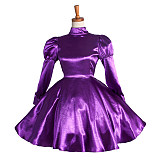 Lockable Sissy Maid Crossdressing Purple Satin High Neck Puff Sleeve Dress [G1123]