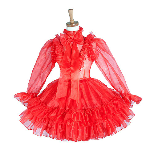 Lockable Sissy Maid Crossdressing Red Organza Ruffle Puff Sleeve Bow Dress [G1213]