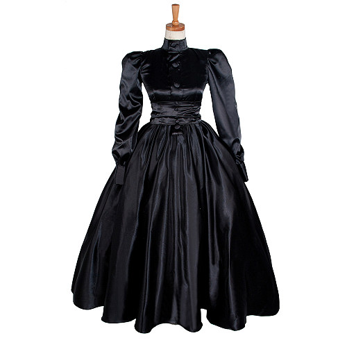 Lockable Sissy Maid Crossdressing Black Satin High Neck Victorian Long Gown [G1218]