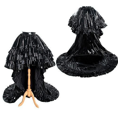 Sissy Maid Crossdressing Black Thin PVC Layered Ruffle Long Skirt [G1115]