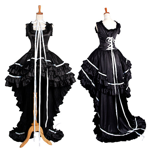Chobits Chi Black Gothic Satin Victorian Cosplay Sissy Maid Dress [G1302]