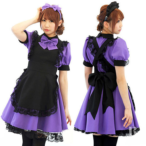 Lockable Sissy Maid Crossdressing Purple & Black Cotton Dress with Lace Apron [G1253]