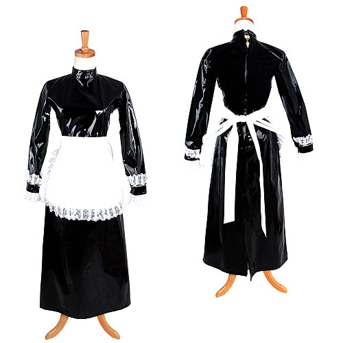 Lockable Shiny Black Thin PVC Long Sissy Maid Dress with Apron – Crossdressing Costume [G1229]