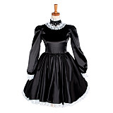 Lockable Satin Long Sleeve Sissy Maid Dress with Lace Apron [G1221]