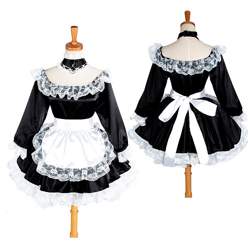 Sissy Maid Satin Long Sleeve Off-Shoulder French Maid Uniform Black and White [G1234]