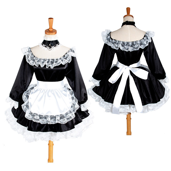Sissy Maid Satin Long Sleeve Off-Shoulder French Maid Uniform Black and White [G1234]