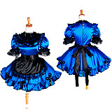 Lockable Sissy Maid Crossdressing Royal Blue & Black Satin Dress with Lace Apron [G1267]