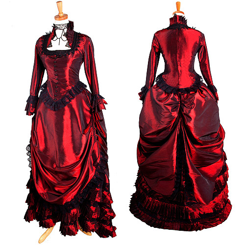 Elegant Red & Black Taffeta Medieval Gown with Bustle Skirt [G1281]