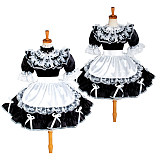 Lockable Satin Black & White French Sissy Maid Dress with Lace and Bows [G1230]