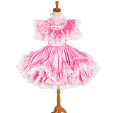 Lockable Pink Satin Sissy Maid Dress with White Apron and Lace Trim [G1231]