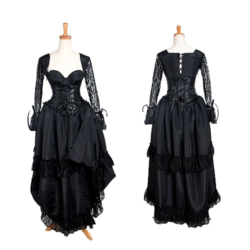 The Story Of O Dress Black Taffeta Gown with Lace Sleeves [G1284]
