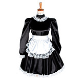 Lockable Satin Long Sleeve Sissy Maid Dress with Lace Apron [G1221]