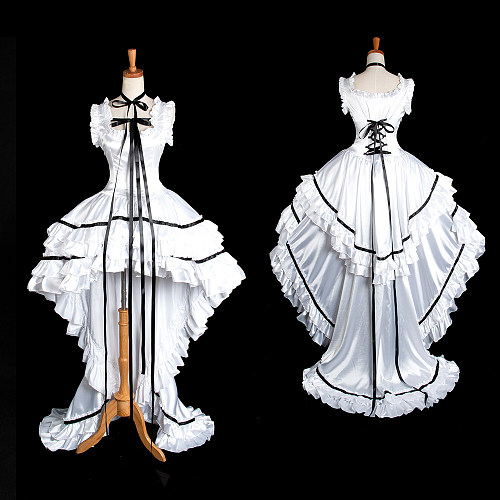 Chobits Chii White Satin High-Low Ruffled Cosplay Gown [G1303]
