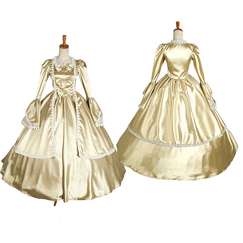 Elegant Gold Satin Medieval Gown with Lace Trim [G1265]