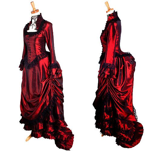 Elegant Red & Black Taffeta Medieval Gown with Bustle Skirt [G1281]