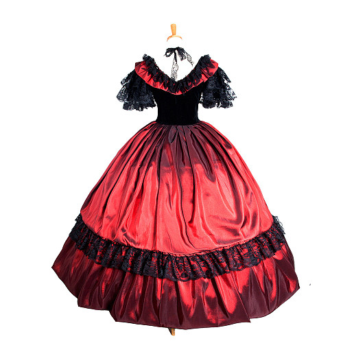 Elegant Red & Black Satin Medieval Gown with Lace Details [G1263]
