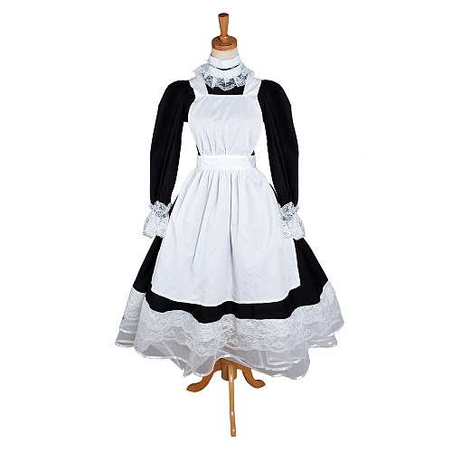 Lockable Sissy Maid Cotton Long Sleeve French Maid Uniform Black and White [G1233]