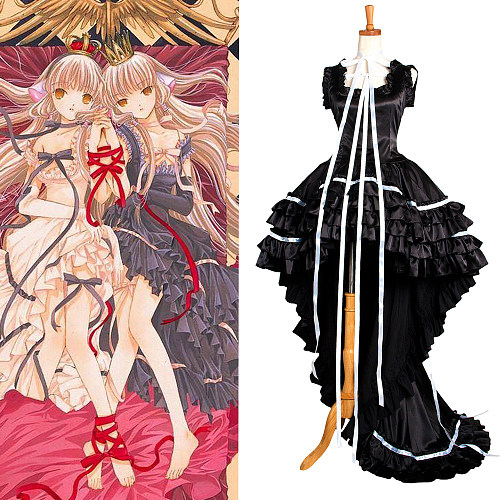 Chobits Chi Black Gothic Satin Victorian Cosplay Sissy Maid Dress [G1302]