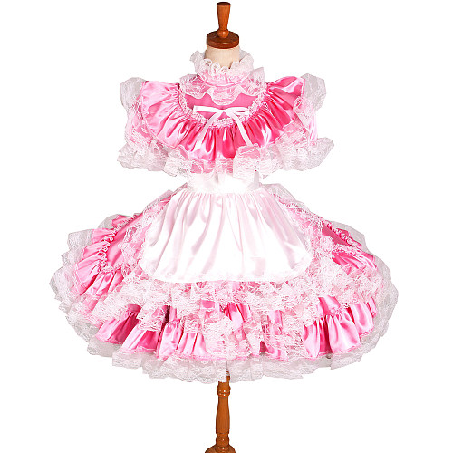 Lockable Pink Satin Sissy Maid Dress with White Apron and Lace Trim [G1231]