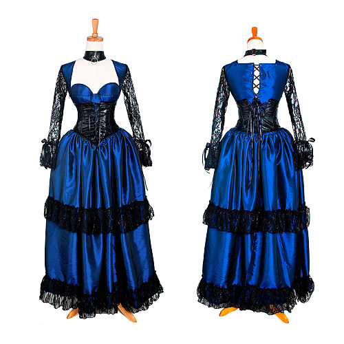The Story Of O Dress Blue & Black Taffeta Gown with Lace Sleeves [G1283]