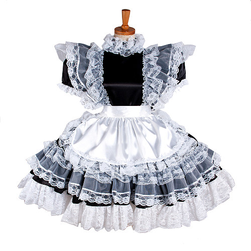 Lockable Sissy Maid Black Satin French Maid Uniform with White Lace [G1232]