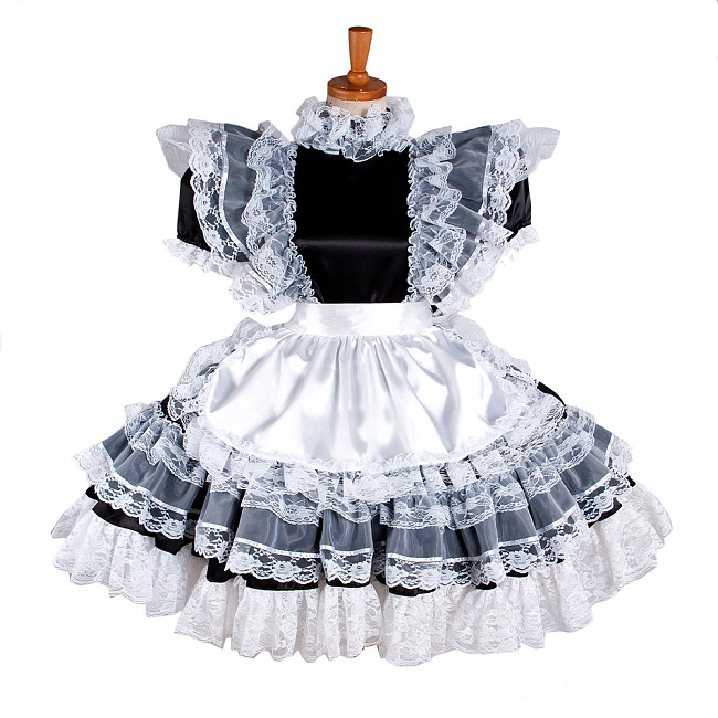Lockable Sissy Maid Black Satin French Maid Uniform with White Lace [G1232]