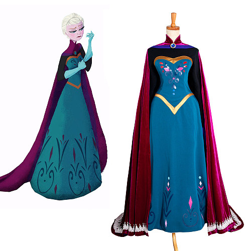 Frozen Princess Elsa Cosplay Costume with Velvet Cape - Uniform Fabric Dress [G1295]