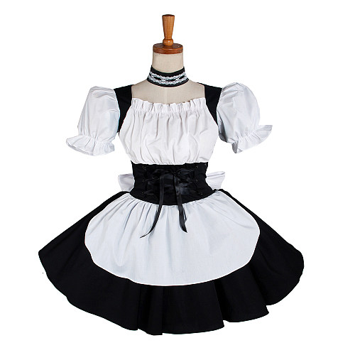 Lockable Sissy Maid Crossdressing Black & White Cotton Puff Sleeve Apron Dress [G1220]