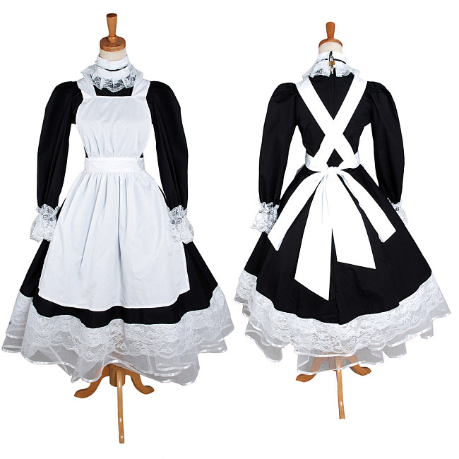 Lockable Sissy Maid Cotton Long Sleeve French Maid Uniform Black and White [G1233]