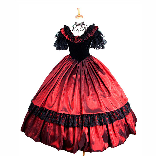 Elegant Red & Black Satin Medieval Gown with Lace Details [G1263]