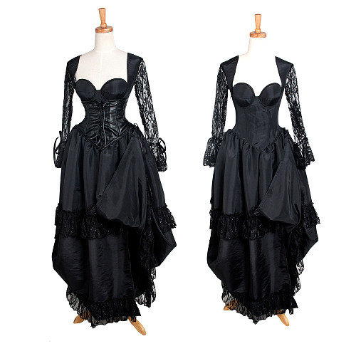 The Story Of O Dress Black Taffeta Gown with Lace Sleeves [G1284]
