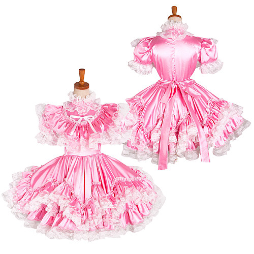 Lockable Pink Satin Sissy Maid Dress with White Apron and Lace Trim [G1231]