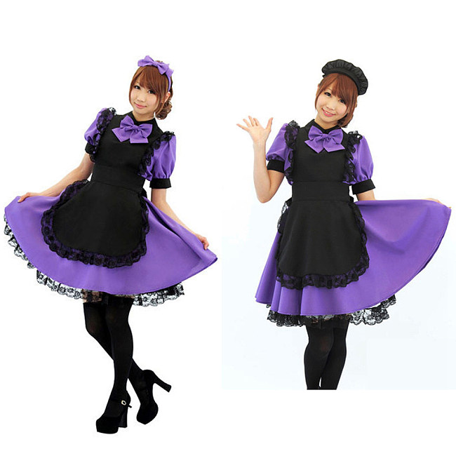 Lockable Sissy Maid Crossdressing Purple & Black Cotton Dress with Lace Apron [G1253]